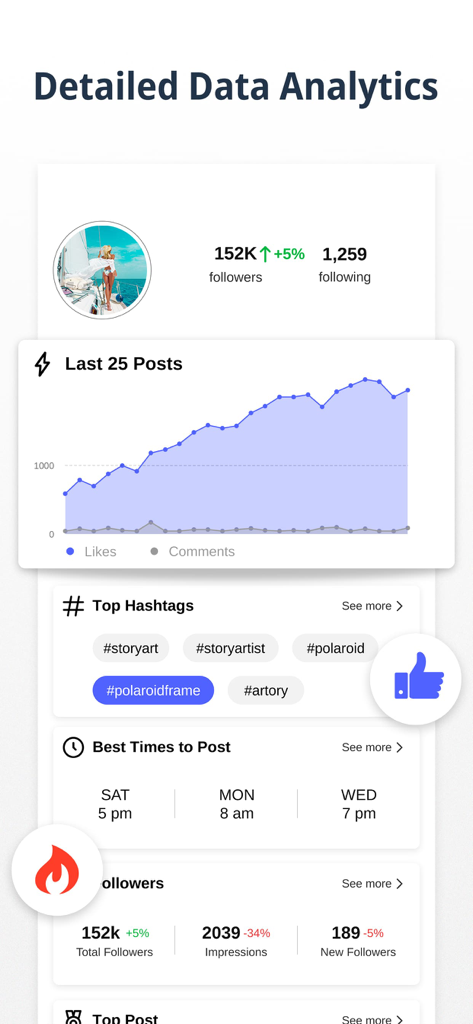 Inspac: Insta Story & Planner - Detailed Instagram data analytics screen showing follower growth and post performance insights