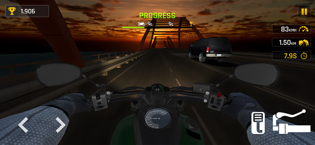 Traffic Bike 3D: City Tour - First-person perspective of a motorcycle rider driving across a bridge at sunset in Traffic Bike 3D City Tour.