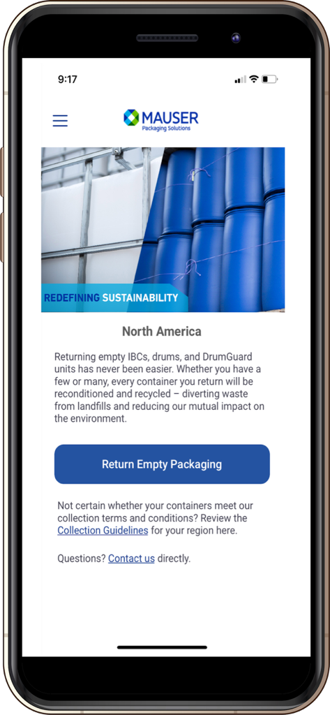 Mauser Packaging Solutions - Mauser Packaging Solutions app home screen showing options to return empty industrial packaging