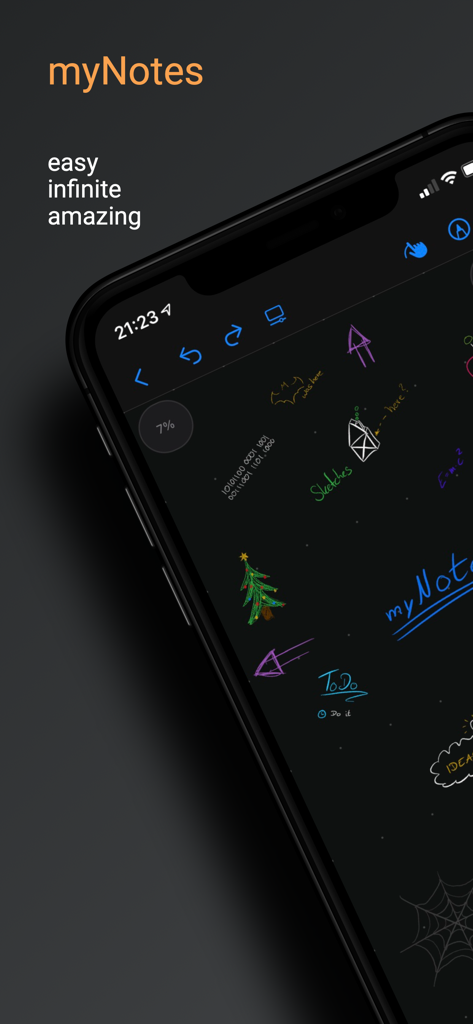 myNotes - Whiteboard - iPhone screen showing myNotes app with colorful sketches on a dark infinite canvas