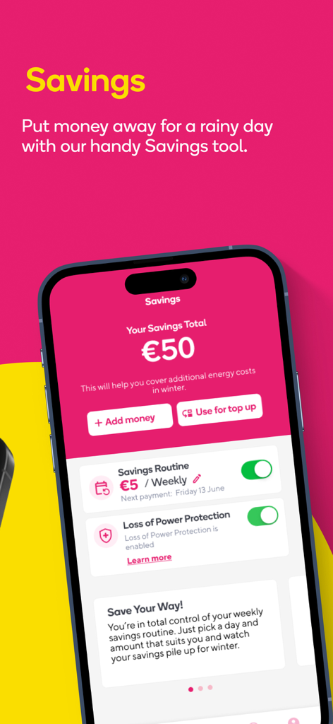 Interface of the PrepayPower app showing the savings tool with a total balance and weekly routine options