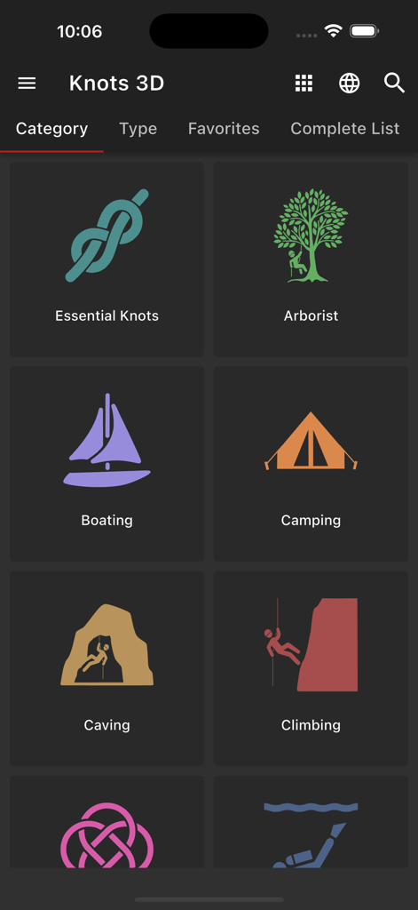 Knots 3D app interface showing knot categories for arborist, boating, camping, caving, and climbing