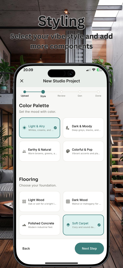 AI Apartment & Studio Planner - AI Apartment and Studio Planner app interface showing color palette and flooring selection options