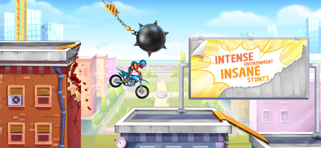 Moto Bike Race Motorcycle Game - Um motociclista realizando um salto de acrobacia no telhado em um ambiente de cidade.