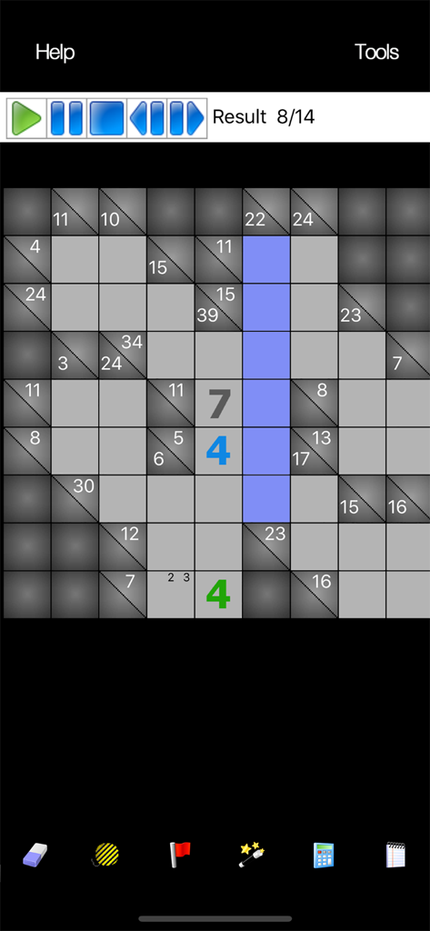 Gameplay screenshot of Kakuro u showing a cross sums logic puzzle grid with various numbers and tools