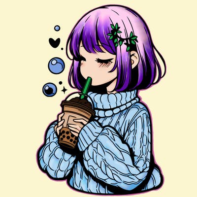 manga girl drinking boba in cozy sweater