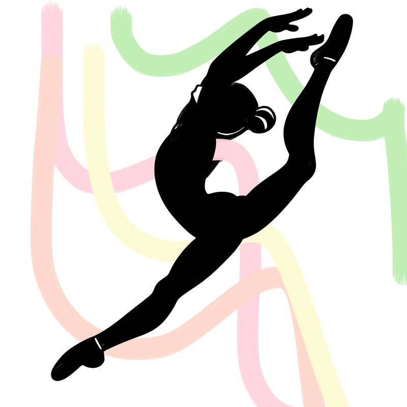 gymnast doing a leap in a leotard with a bent back leg