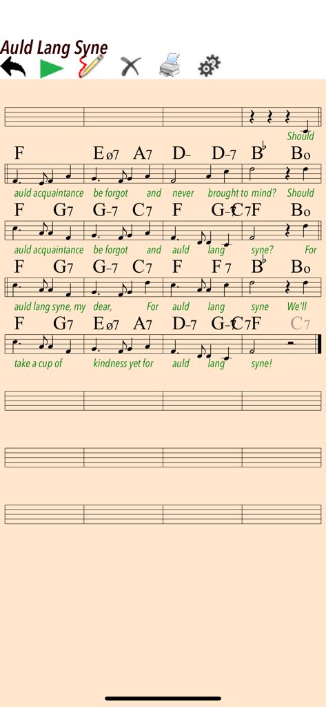 Uno spartito digitale per Auld Lang Syne che mostra accordi jazz e testi nell'interfaccia dell'app Tritone Jazz