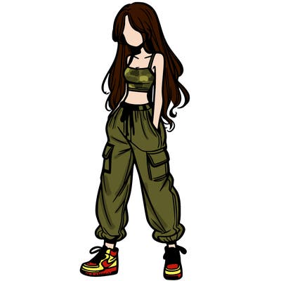 girl in baggy pants crop top and long hair