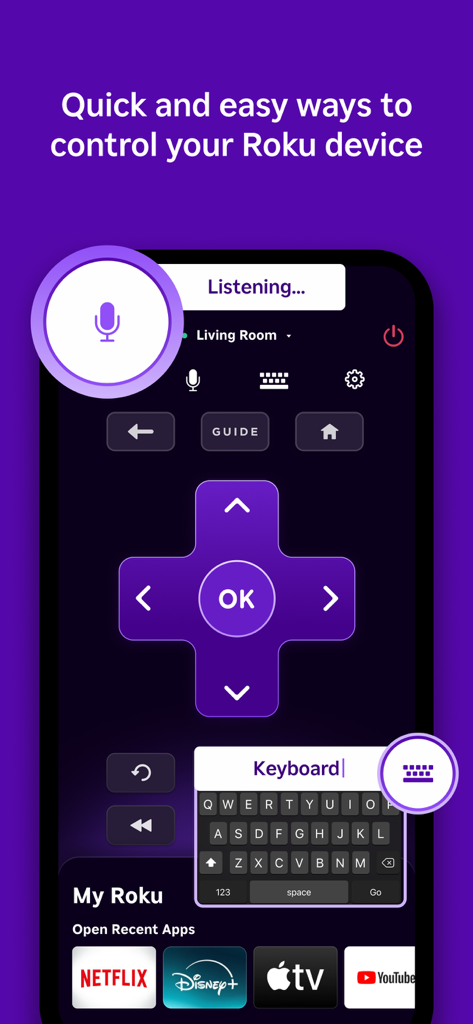 Official Roku App remote control interface featuring voice search and mobile keyboard