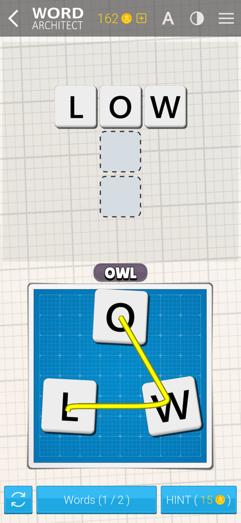 Word Architect - Word Architect 게임 플레이 화면. 블루프린트 인터페이스에서 단어 퍼즐과 글자 선택을 보여줍니다.