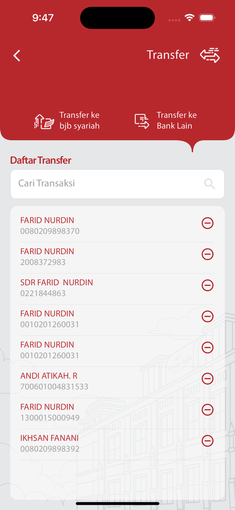 Mobile Maslahah by bjb syariah - Screenshot der Mobile Maslahah App-Überweisungsoberfläche mit einer Liste gespeicherter Bankempfänger