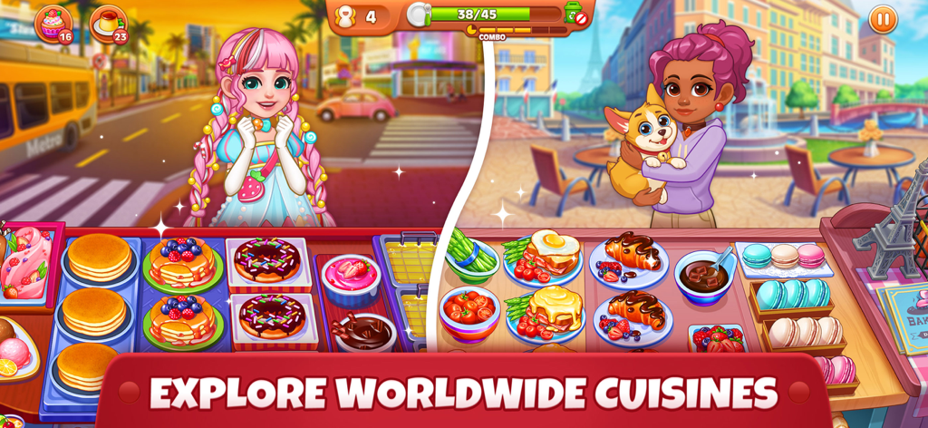 Cooking Madness-Kitchen Frenzy - Uma ilustração em tela dividida da jogabilidade do Cooking Madness mostrando diversos personagens e culinárias internacionais, incluindo donuts e doces franceses