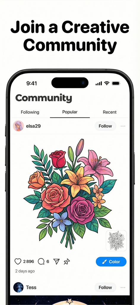 Ein mobiler App-Bildschirm, der einen Social-Community-Feed zeigt, auf dem Benutzer ihre gefärbten floralen Kunstwerke teilen.