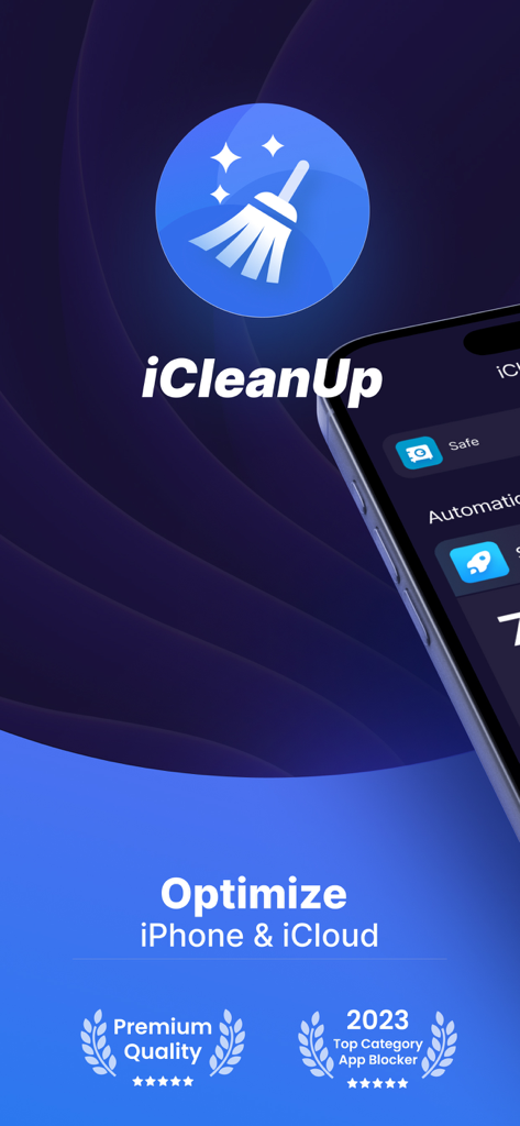 iCleanUp: Clean Duplicates - iCleanUp app splash screen showing logo and text to optimize iPhone and iCloud storage