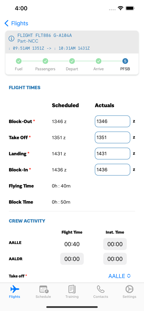 Interface for tracking scheduled and actual flight times and crew activity in the myairops crew app