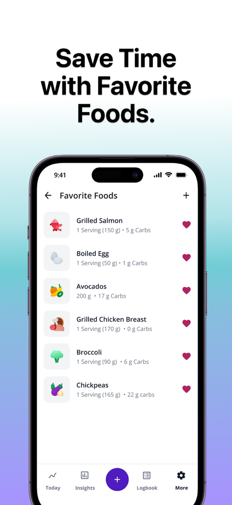 SNAQ - Diabetes Food Tracker - SNAQ app screen showing a list of favorite foods with carb counts for quick diabetes meal tracking