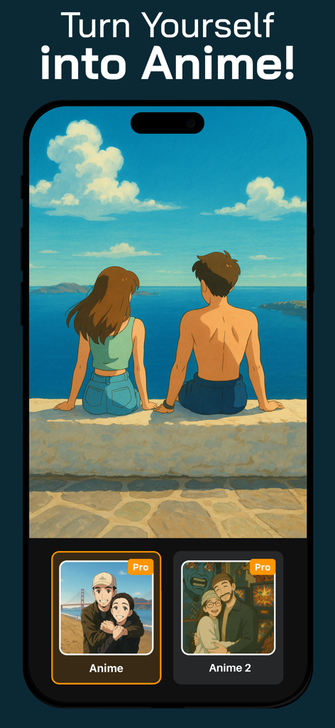 Lova - Anime Filter - Interfaz de la aplicación que muestra la transformación con filtro de anime de una pareja junto al mar
