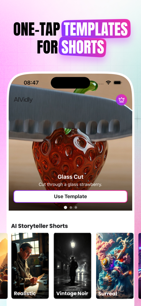AIVidly - AI Video Maker - AIVidly App-Oberfläche, die One-Tap-KI-Video-Vorlagen für Social-Media-Shorts zeigt.