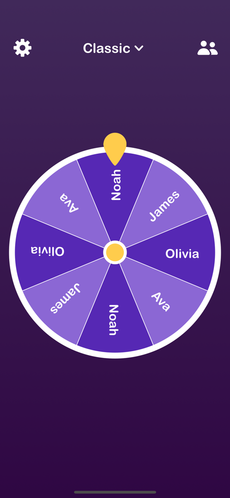 Truth or Dare: Fun Party Games - Interface do aplicativo Truth or Dare mostrando uma roleta roxa girando com nomes como Noah, James e Olivia.