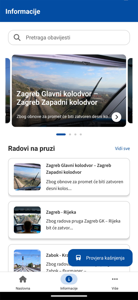 The information screen of the HŽPP app displaying railway work alerts and route updates