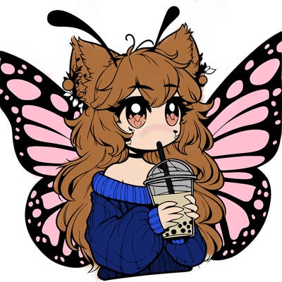 a realistic butterfly/furry girl drinking boba