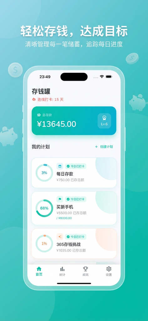 小青存钱打卡-记账理财好帮手 - Écran d'accueil de l'application Xiaoqing Savings Check-in montrant le solde d'une tirelire et plusieurs traqueurs de progression pour les objectifs financiers