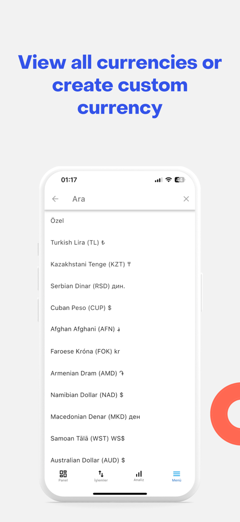 Screen showing a list of global currencies for selection in the Money Manager app