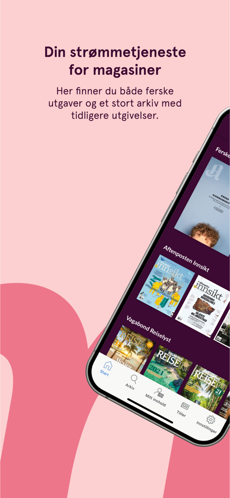 Magasin plus app interface showcasing various Norwegian magazines on a smartphone screen