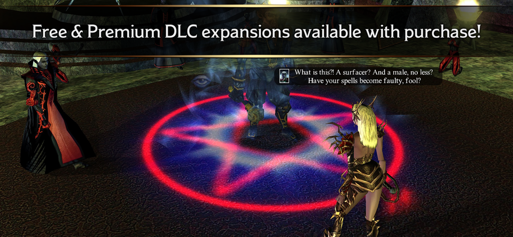 Neverwinter Nights gameplay screenshot featuring dialogue and a DLC expansions banner