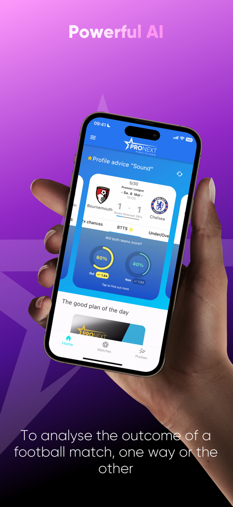 Pronext - Pronext Mobile App Oberfläche, die Fußballspielvorhersagen und KI-Analyse anzeigt