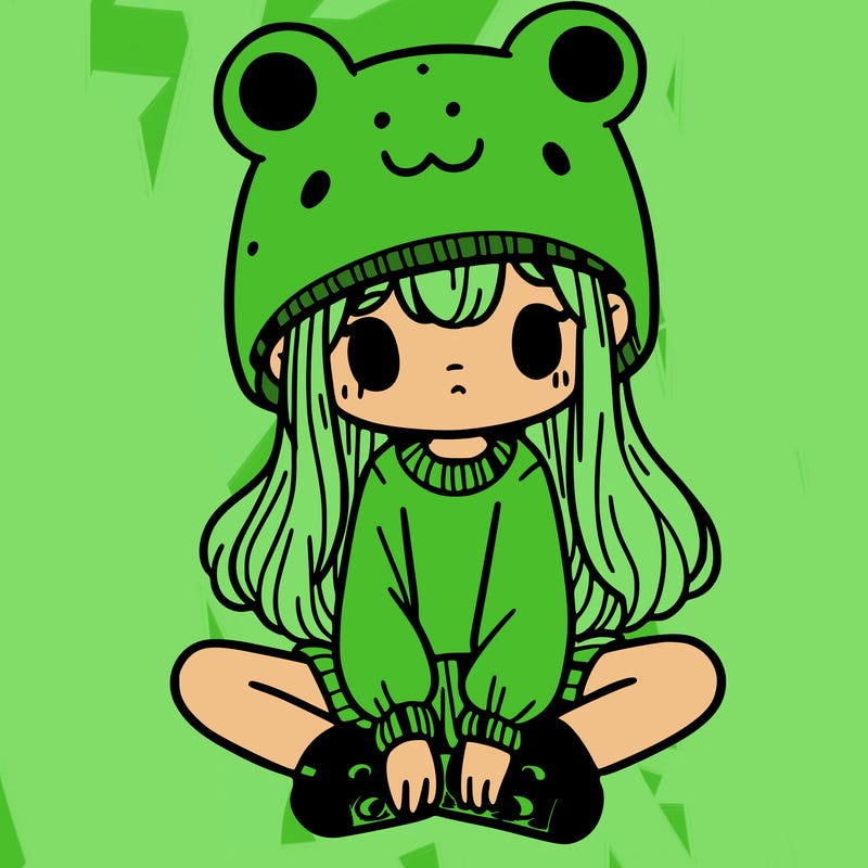 a girl wearing a frog hat and some frog socks