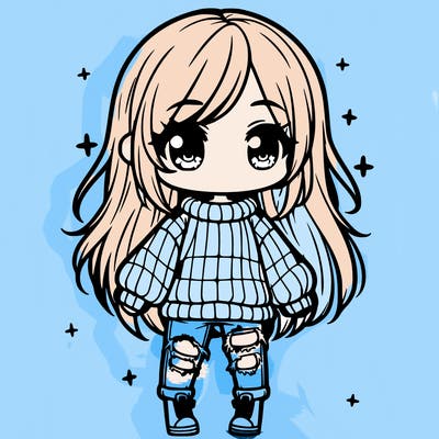 chibi girl with ripped jeans,long hair, and an oversized sweater
