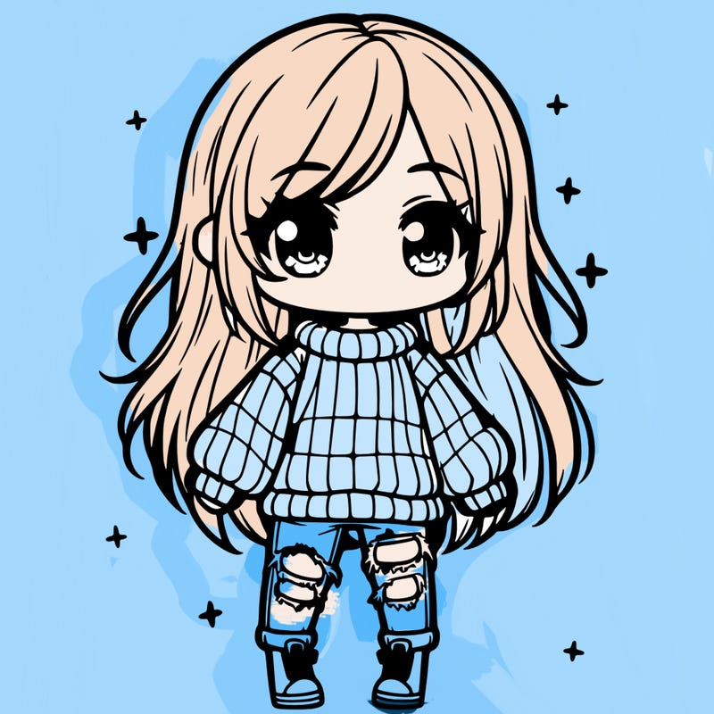 chibi girl with ripped jeans,long hair, and an oversized sweater