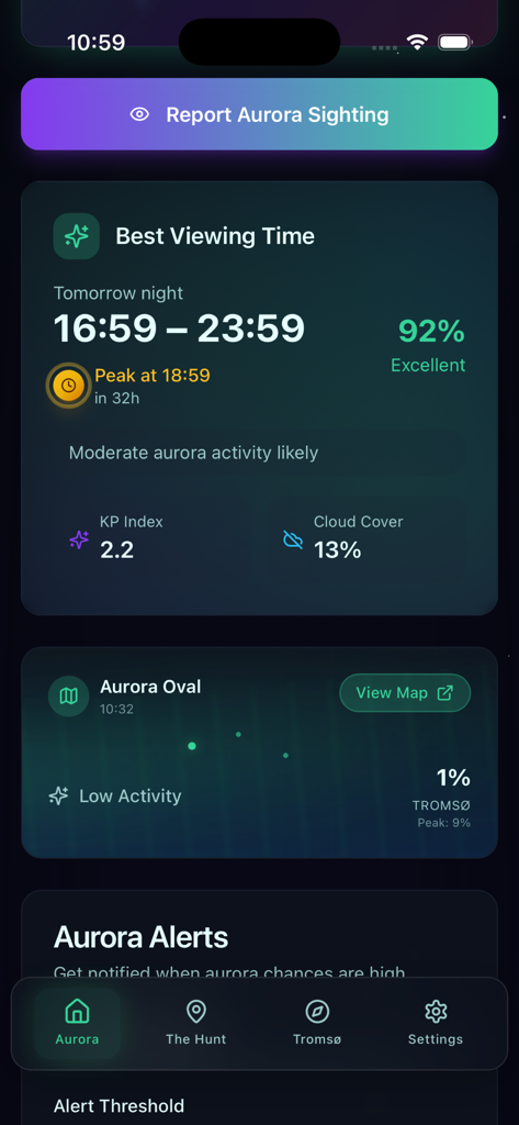 Aurora Tromso Mobile App-Oberfläche mit Sichtbarkeitswert und Prognosedetails für die Aurora