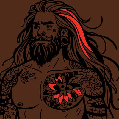 tattooed man with long hair and beard shirtless