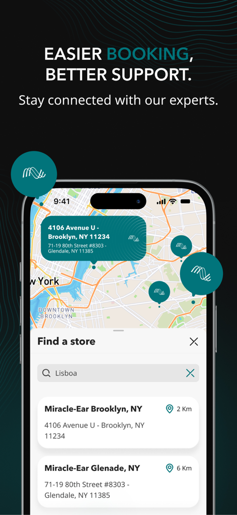Miracle-Ear App - Miracle-Ear app store locator interface with a map showing hearing center locations in New York