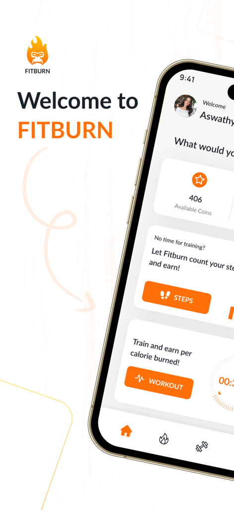Fitburn - Welcome screen of Fitburn app showing coin rewards for workouts