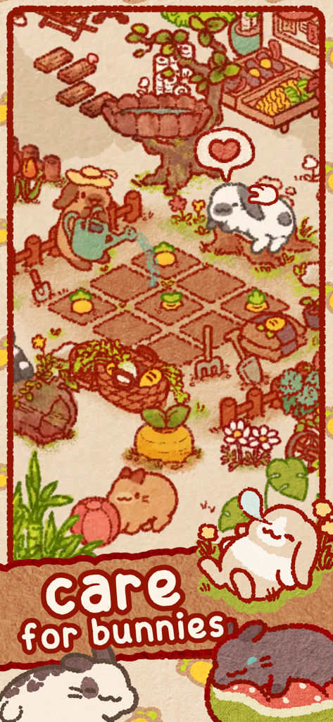 Usagi Shima: Cute Bunny Game - Hand-drawn cute bunnies in a garden with text overlay saying care for bunnies