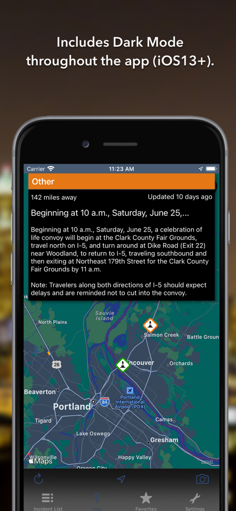 Washington State Roads app map interface showing traffic alerts in dark mode