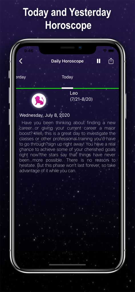 별이 빛나는 밤 배경에 사자자리 일일 운세가 표시된 스마트폰 화면
