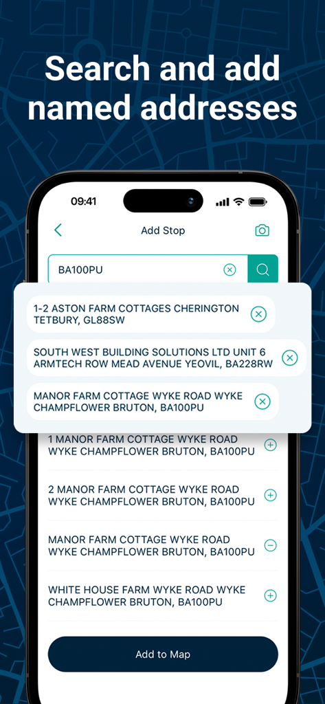 Delm8 City Navigation, Maps UK - The search interface of the Delm8 app showing a list of named addresses and cottages found using a UK postcode