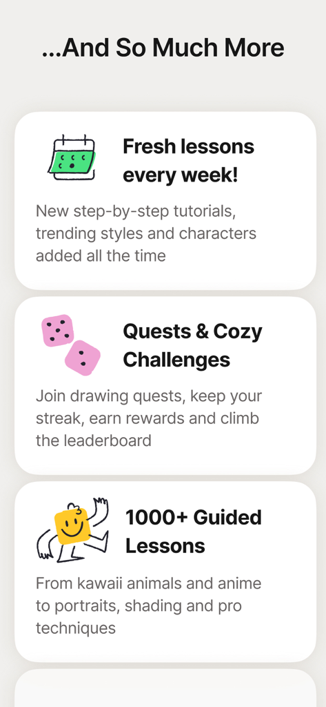 Skribly: Draw with friends - List of Skribly app features including weekly lessons, challenges, and over 1000 guided drawing tutorials.