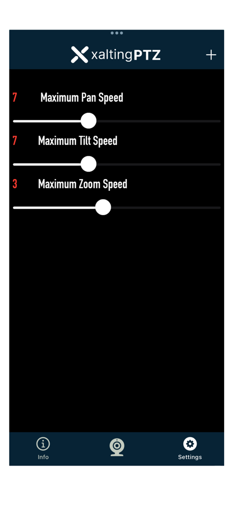 Xalting PTZ app settings screen featuring sliders to adjust maximum pan tilt and zoom speeds