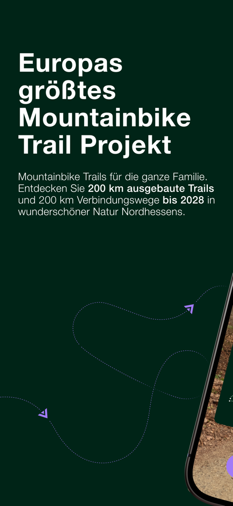 Green Trails - Einführungsbildschirm für die Green Trails App, die Europas größtes Mountainbike-Projekt in Nordhessen Deutschland hervorhebt