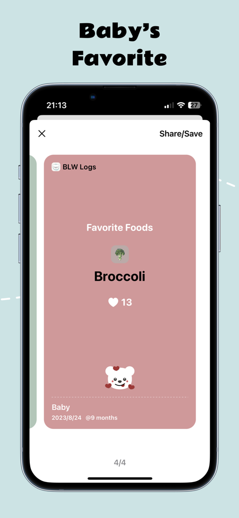 BLW Diary - Un écran de smartphone de l'application BLW Diary montrant une carte des aliments préférés d'un bébé pour le brocoli avec un compteur de cœurs et un enregistrement de l'âge