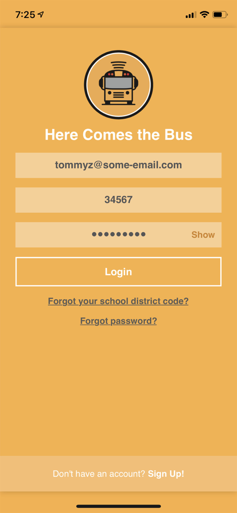 Login screen of the Here Comes the Bus mobile app with fields for email, district code and password