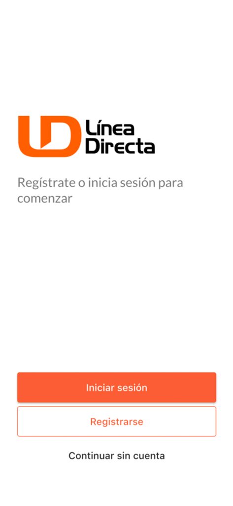 Línea Directa - Pantalla de inicio de sesión y registro de la aplicación de noticias Línea Directa