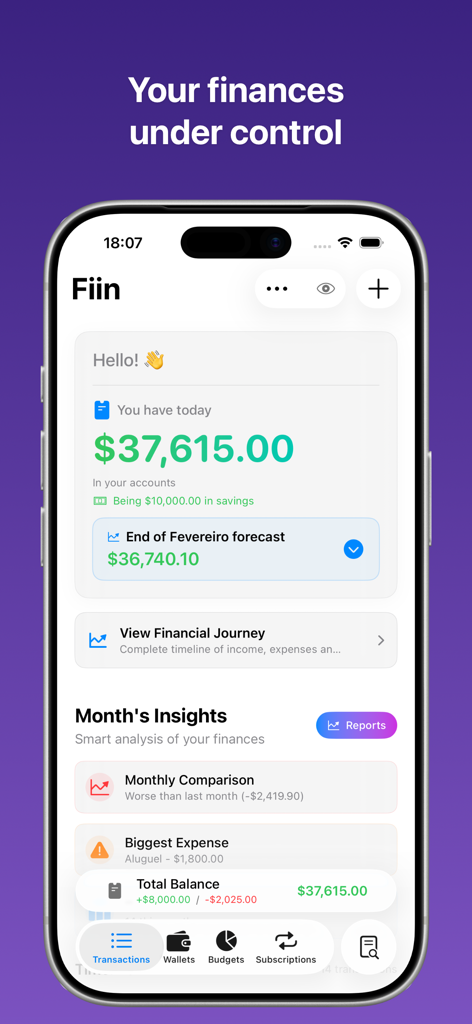 Fiin – Personal Finance - Fiin personal finance app dashboard on an iPhone showing total balance and monthly spending insights