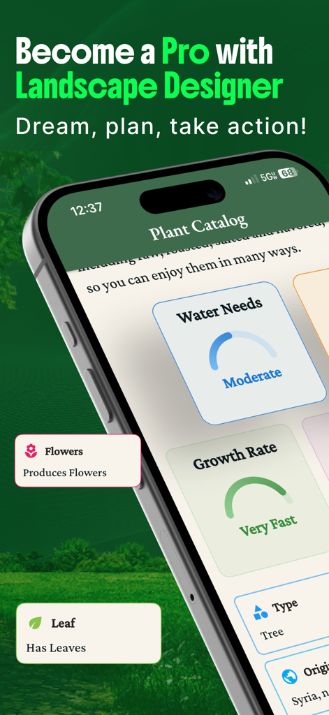 Landschaftsgestaltungs-App-Pflanzenkatalog mit Details zu Wasserbedarf und Wachstumsrate